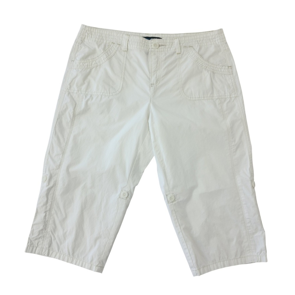 French Cuff White Ripstop Cotton Capri Pants Womens 14P Petite Roll Tab‎ Crop
